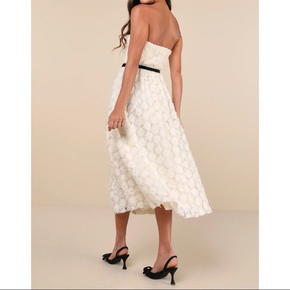 Lulu's Ivory 3D Floral Lace Strapless Midi Dress Formal Prom Wedding Party Gown - Picture 3 of 16